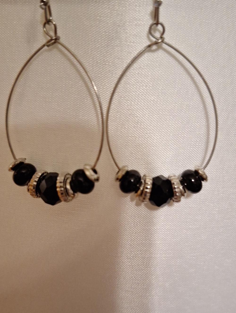 Silver-Tone Hoop Earrings with Black Beads